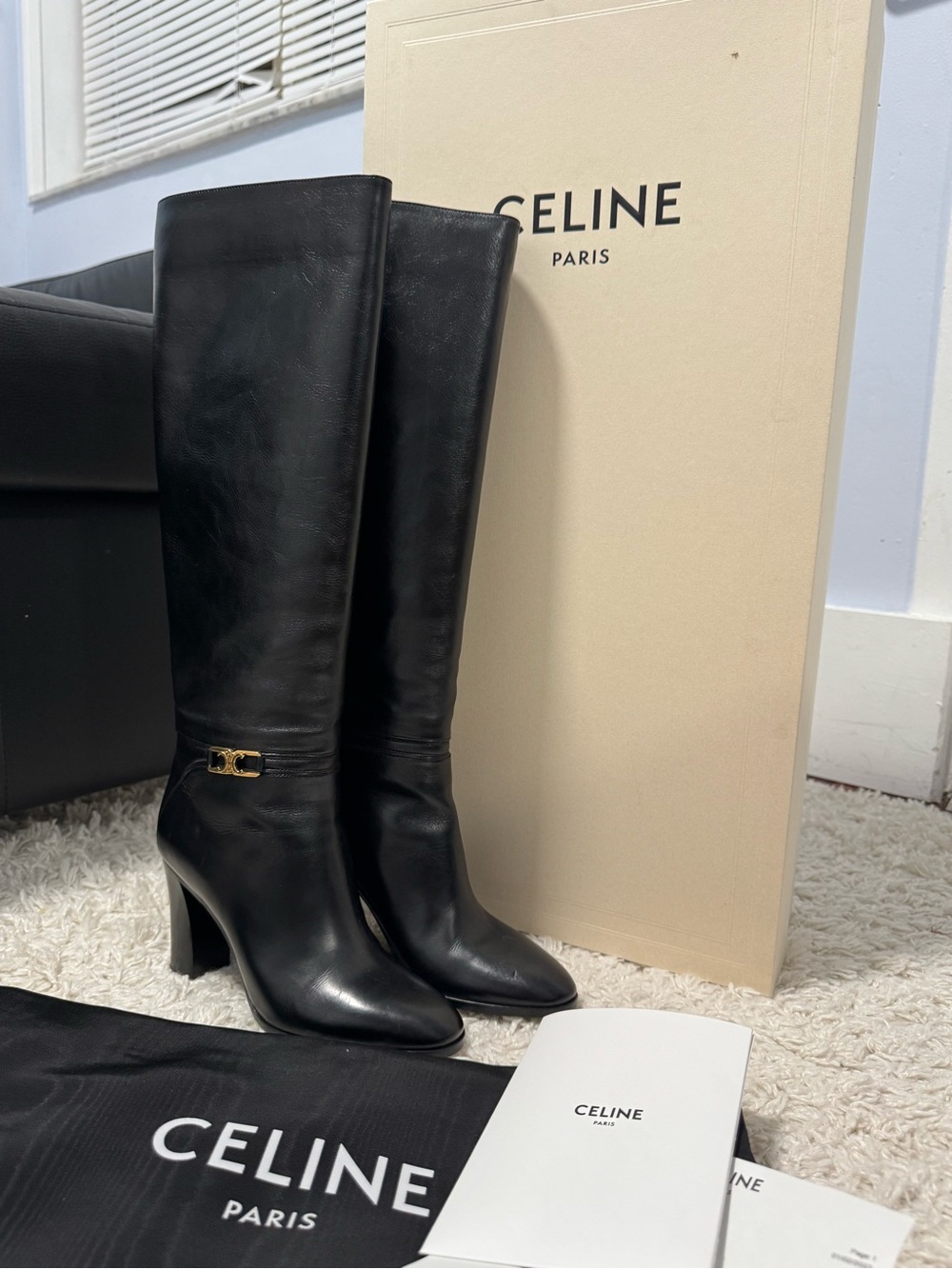 Celine Garance Triomphe Black Leather High Boots Gold Logo 35.5